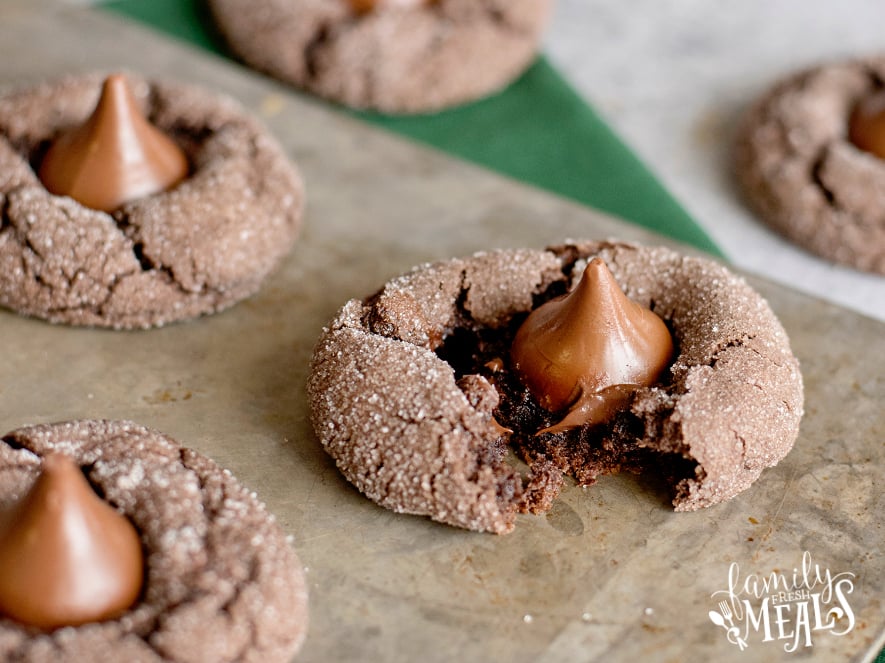 Easy Cake Mix Kiss Cookies - Freshly baked cookie on cookie sheet