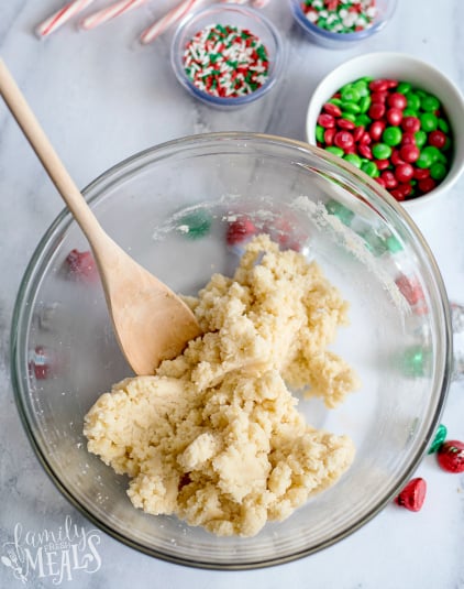 Holiday Sugar Cookie Cake - dough combined in a glass mixing bowl