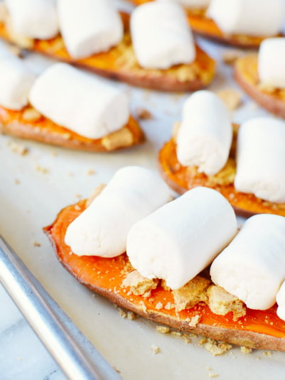 Sweet Potato Casserole Toast - baked sweet potato slices topped with graham crackers and marshmallows