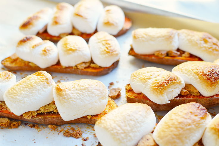 Sweet Potato Casserole Toast - baked sweet potato slices topped with toasted marshmallows