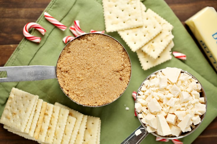 White Chocolate Cracker Toffee - Ingredients brown sugar, white chocolate, butter, crackers and candy canes