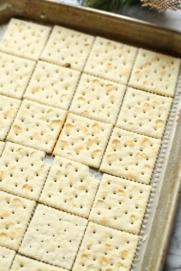 White Chocolate Cracker Toffee - crackers lined on a baking sheet