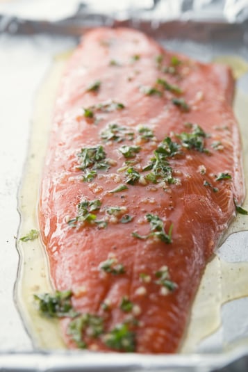 Honey Baked Salmon - Melted butter and seasonings poured over salmon