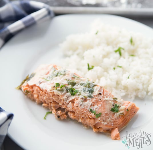 Honey Baked Salmon Recipe - Plated with white rice on a white plate