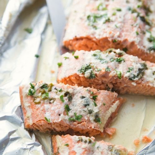 Honey Baked Salmon - cooked fillet cut into slices