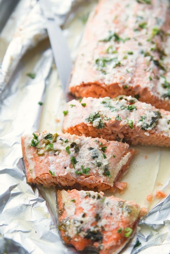 Honey Baked Salmon - cooked fillet cut into slices