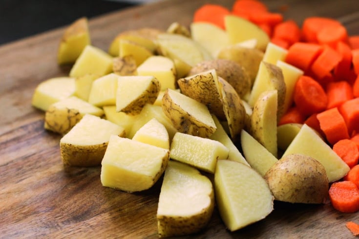 One Pot Pork Chops and Vegetables - Chopped vegetables on a cutting board