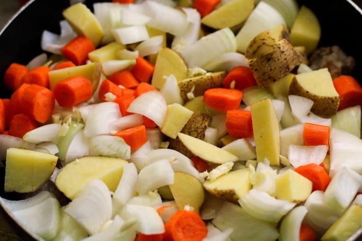 One Pot Pork Chops and Vegetables - chopped vegetables in a pan