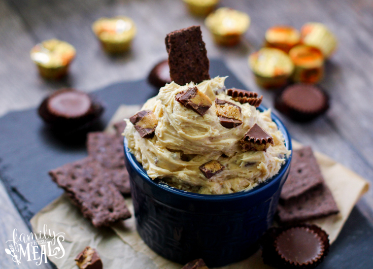 Peanut Butter Cup Cheesecake Dip - Served in a blue dish