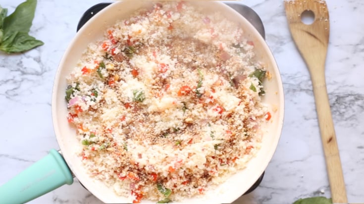 Thai Basil Cauliflower Rice - adding riced cauliflower to pan