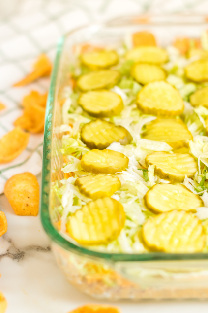 Bacon Cheeseburger Dip - Casserole served with Frito corn chips