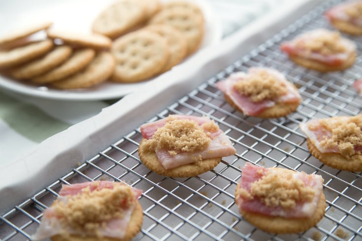 Candied Bacon Cracker Appetizer - Crackers and bacon topped with brown sugar
