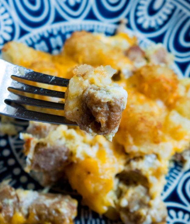 Cheesy Tater Tot Breakfast Casserole - Casserole served on a plate