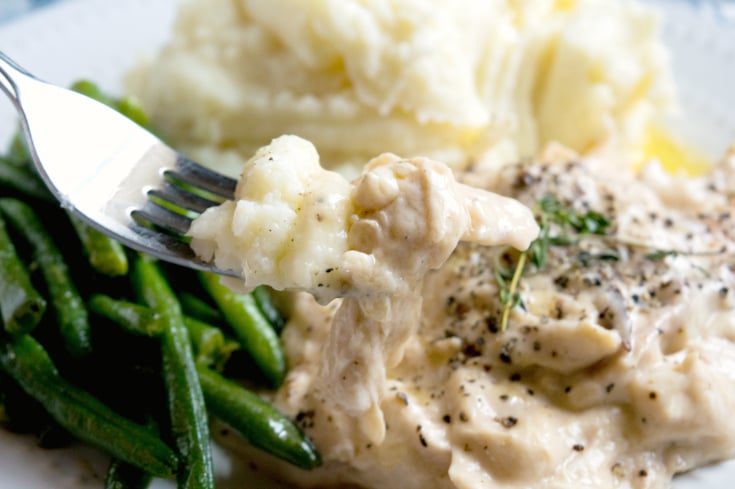 Crockpot Chicken and Gravy - delicious slow cooker chicken recipe served with green beans and potatoes