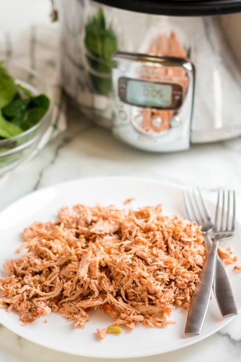 Crockpot Detox Soup Recipe - shedded chicken from soup on a white plate - Healthy soup recipe