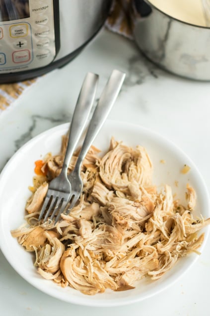 Instant Pot Creamy Chicken Wild Rice Soup - chicken shredded on a white plate