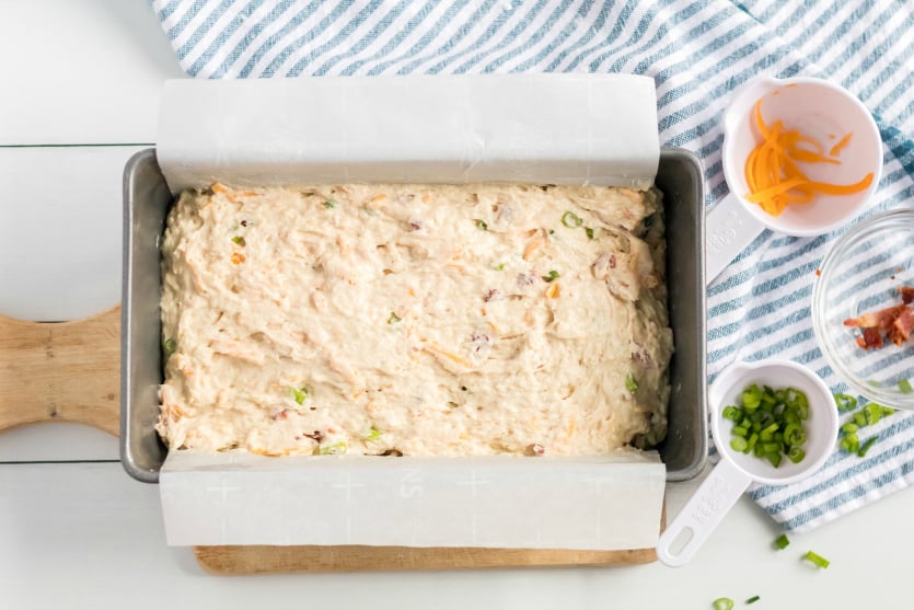 Bacon Cheddar Irish Soda Bread - Bread batter in a loaf pan - Family Fresh Meals Bread recipe