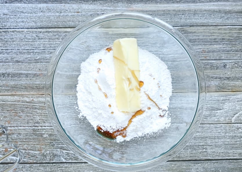 Butter Pecan Brownies - Powder sugar, butter and seasoning in a mixing bowl - Family Fresh Meals