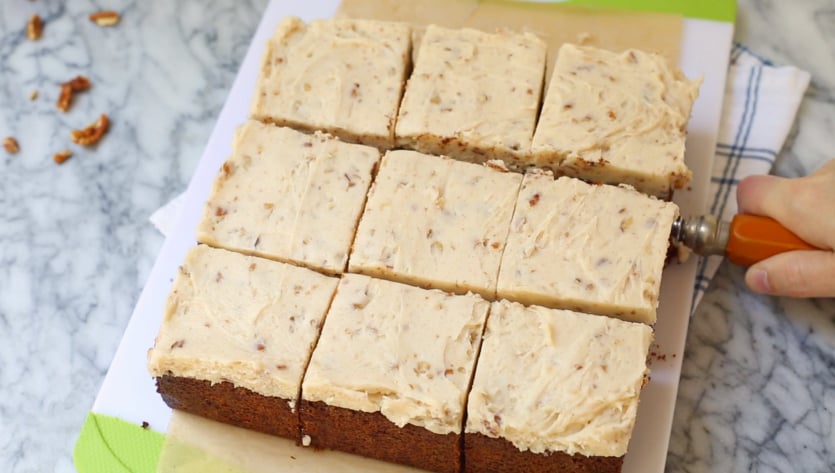 Butter Pecan Brownies - Slicing thick brownies - Family Fresh Meals