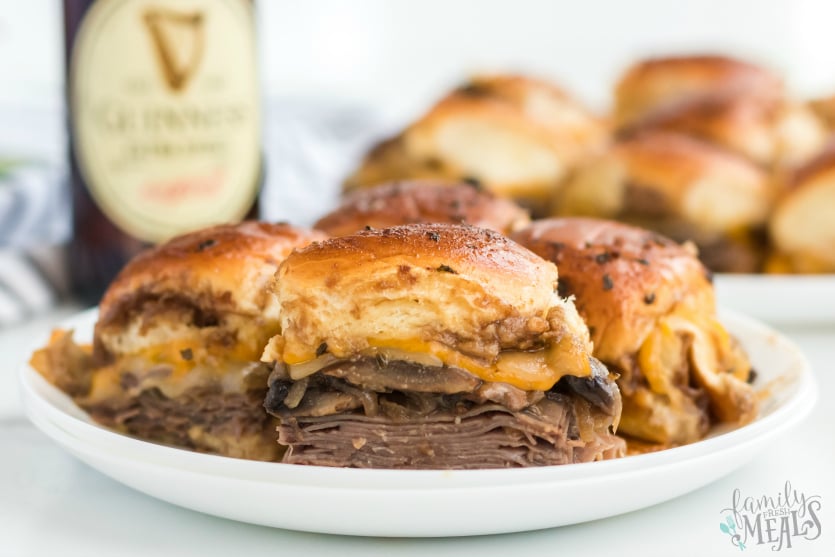 Cheesy Guinness Beef Sliders - Beef sliders on a plate - Family Fresh Meals