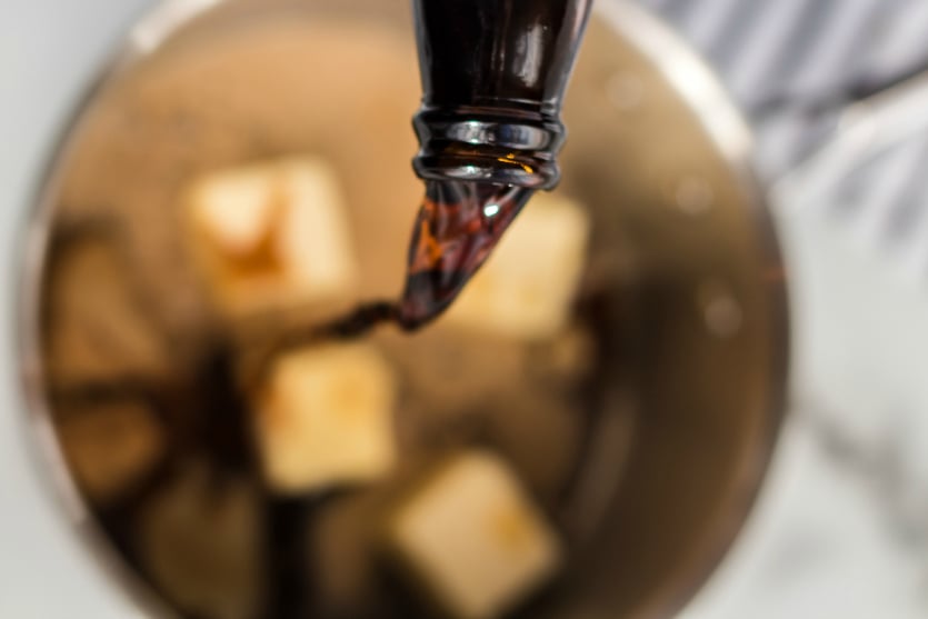 Cheesy Guinness Beef Sliders - beer and butter in a sauce pan - Family Fresh Meals