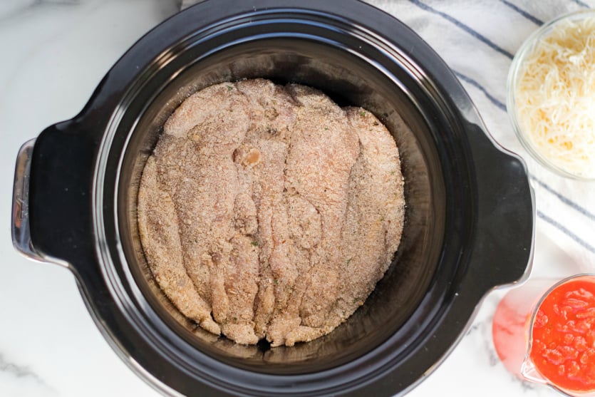 Crockpot Chicken Parmesan - Breaded chicken in slow cooker