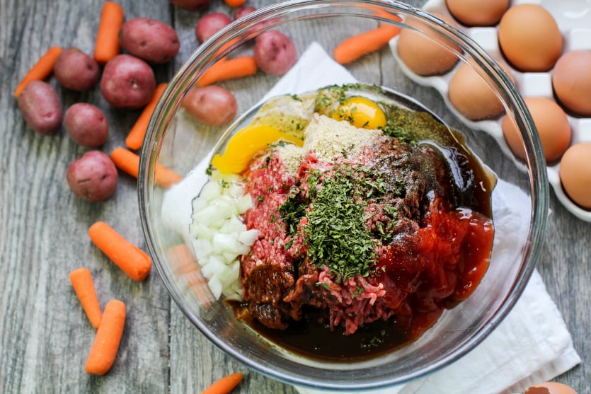 The Best Crockpot Meatloaf Dinner - ingredients in a mixing bowl - Family Fresh Meals