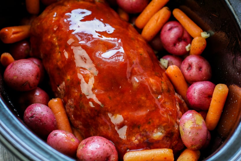 Crockpot Meatloaf Dinner - vegetables surrounding meat loaf - Family Fresh Meals
