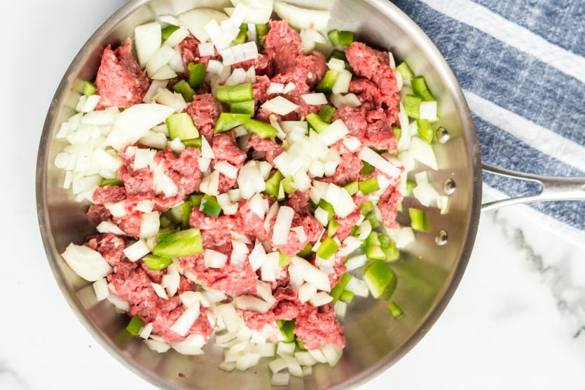 Easy Shepherds Pie Recipe - beef, onions and bell pepper in a pan