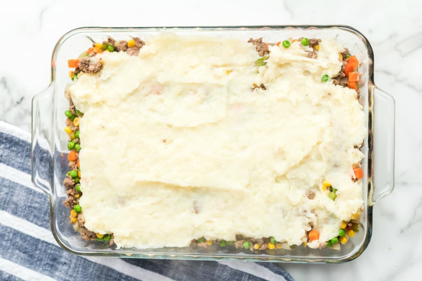 Easy Shepherds Pie Recipe - mashed potatoes placed on top of casserole