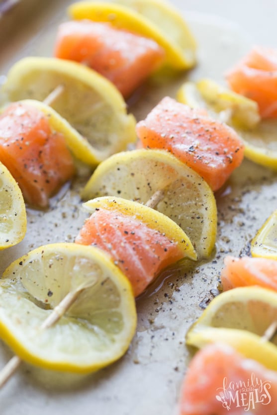 Lemon Salmon Kabobs - Seasoned with salt and pepper - Family Fresh Meals