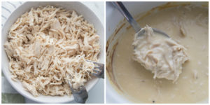 The Best Crockpot Chicken and Gravy Recipe - shredded chicken in a bowl and then added to gravy in slow cooker