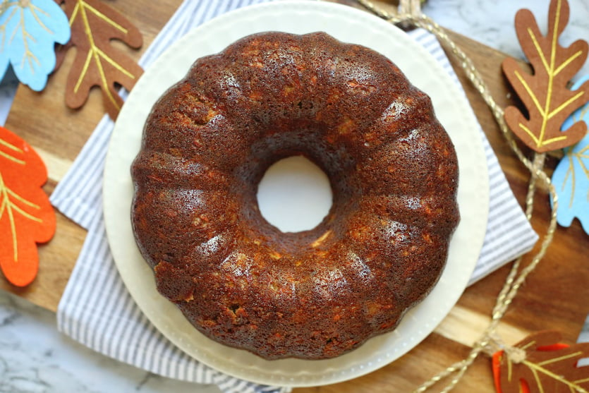 Cream Cheese Carrot Bundt Cake - cooked bundt cake on a plate - family fresh meals