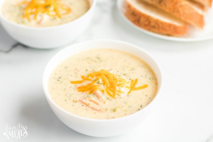 Instant Pot Broccoli Cheddar Soup - topped with shredded cheese - Family Fresh Meals