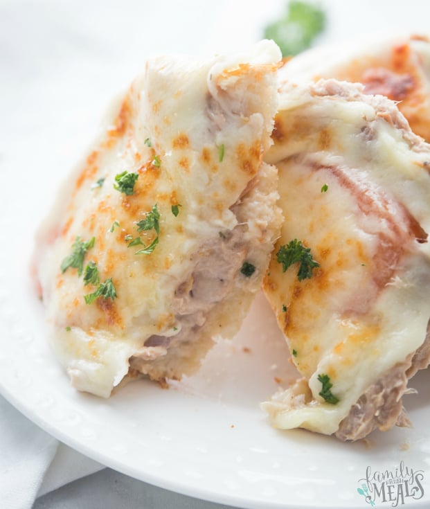 Life Changing Tuna Melt Recipe - Cheesy Tuna Melt served on a white plate - Family Fresh Meals