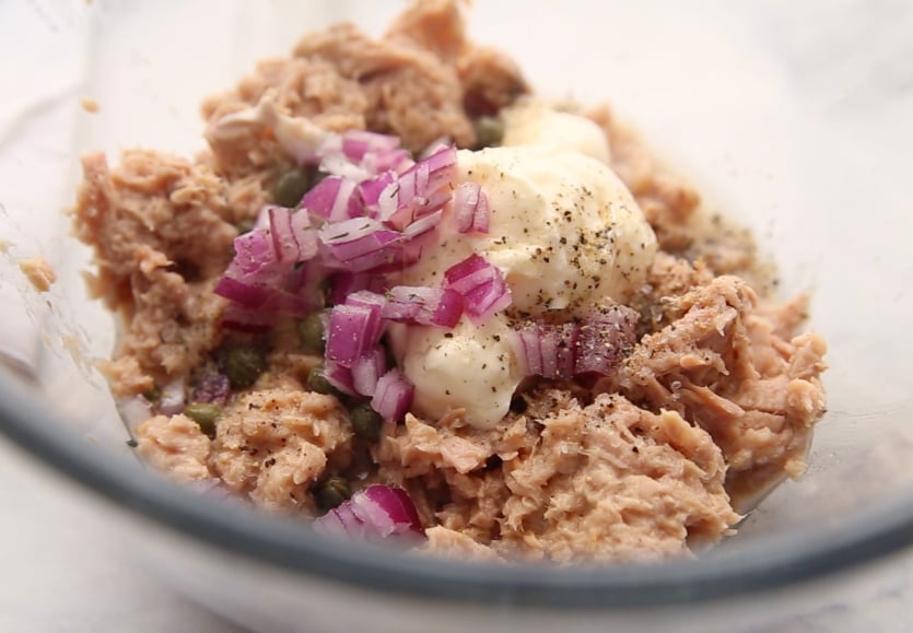 Life Changing Tuna Melt Recipe - Tuna, mayo, onions and seasonings in a mixing bowl - Family Fresh Meals