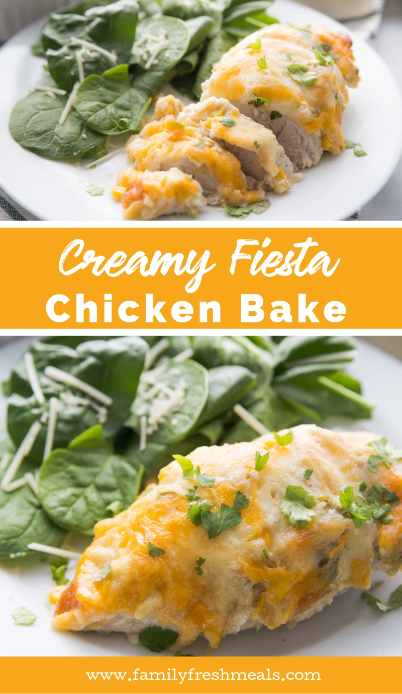 Creamy Fiesta Chicken Bake #chicken #familyfreshmeals #cincodemayo #easyrecipe #dinner #casserole #cheese #chickenbake #chickenrecipes via @familyfresh