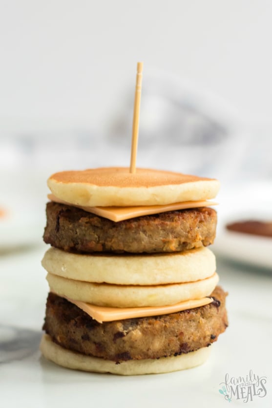 DIY Lunchable Bruchable Sausage Lunchbox - mini pancake topped with sausage patty and cheese stacked with a tooth pick - Family Fresh Meals