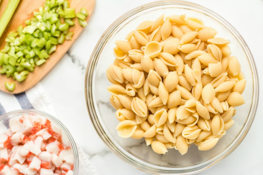 Homestyle Seafood Pasta Salad - Cooked noodles in a bowl - Family Fresh Meals