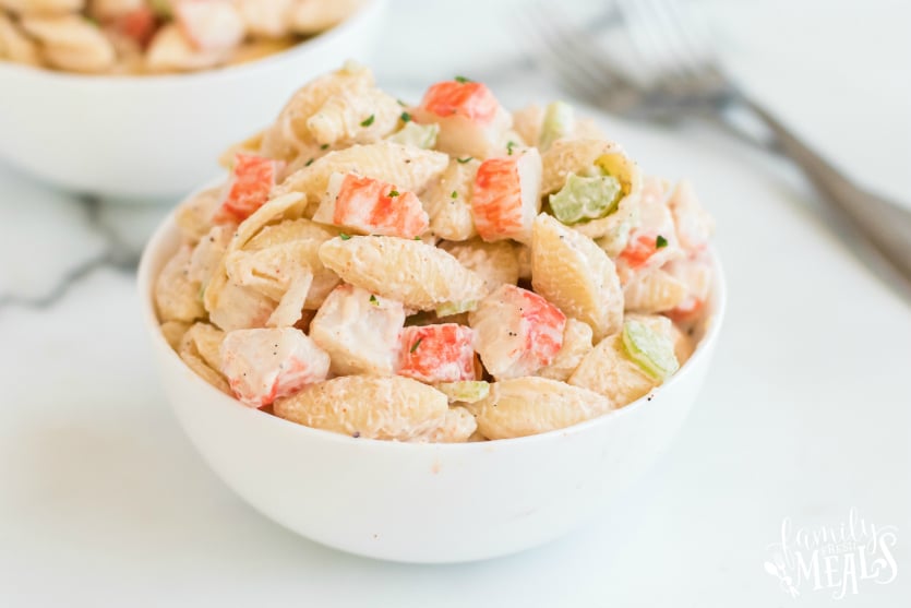 Homestyle Seafood Pasta Salad - pasta salad served in a small white bowl