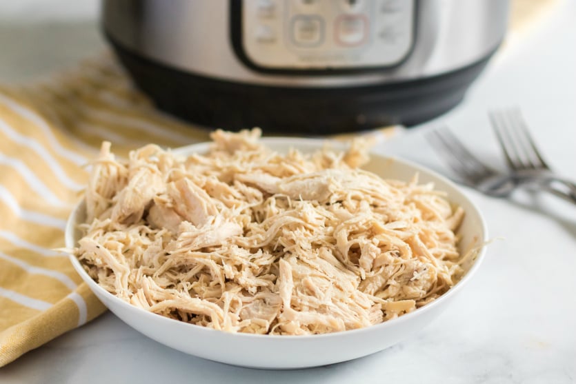 Instant Pot Chicken Noodle Soup -Shredded chicken in bowl