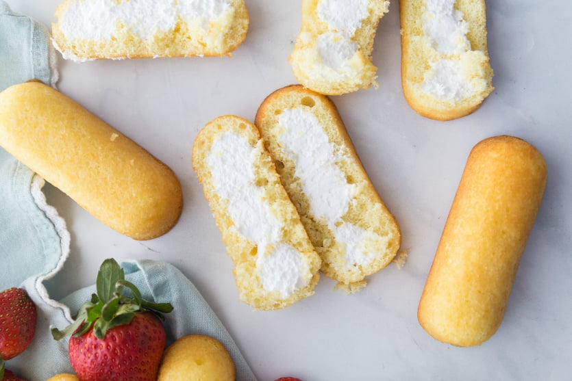 No Bake Strawberry Twinkie Cake - Twinkies cut in half