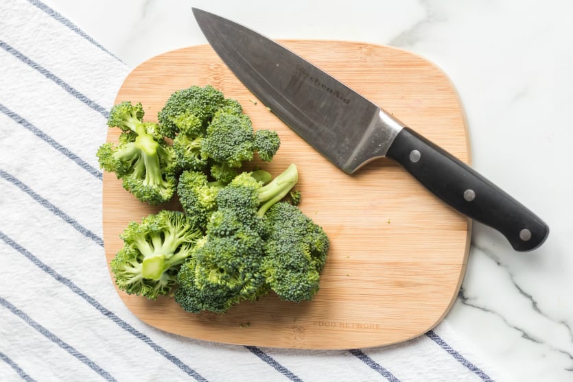 Teriyaki Chicken Lunchbox Idea - Cut up broccoli on cutting board - Family Fresh Meals