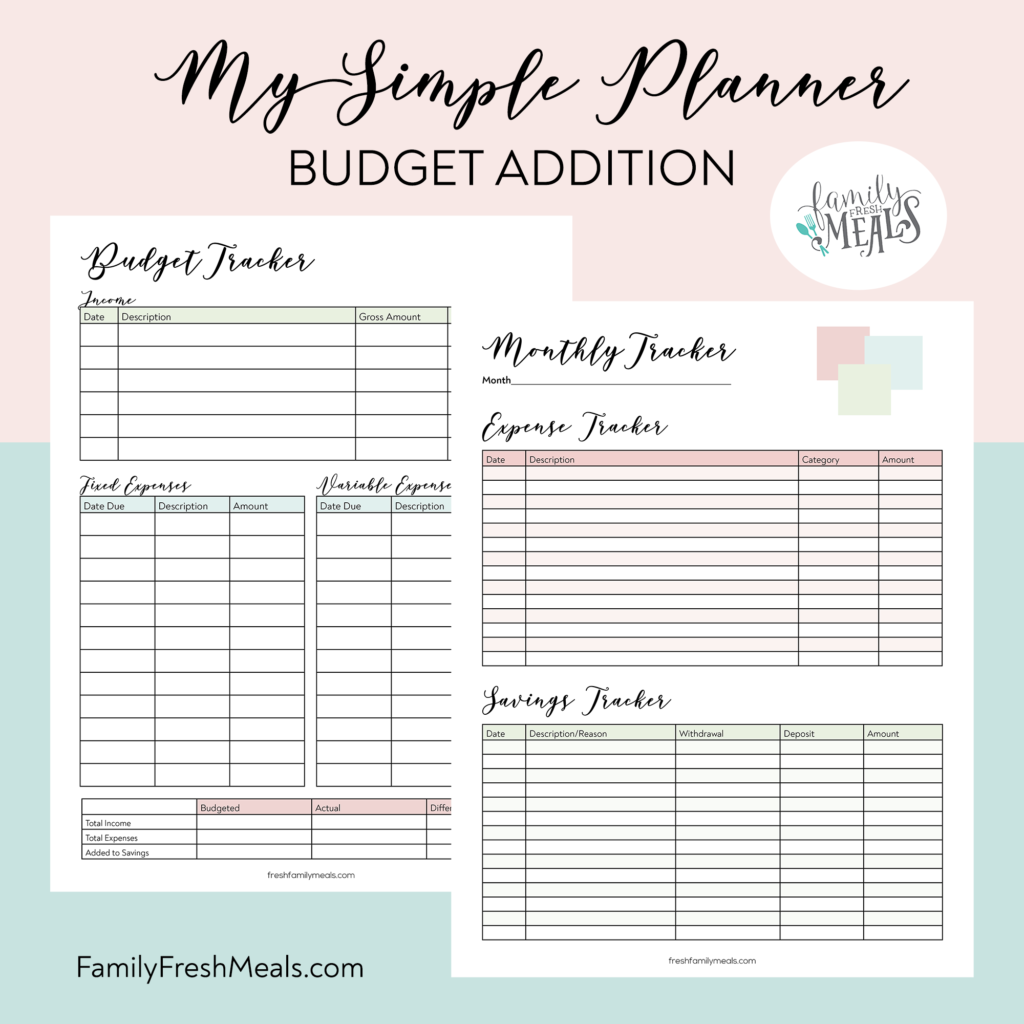 My Simple Planner Budget Addition Family Fresh Meals