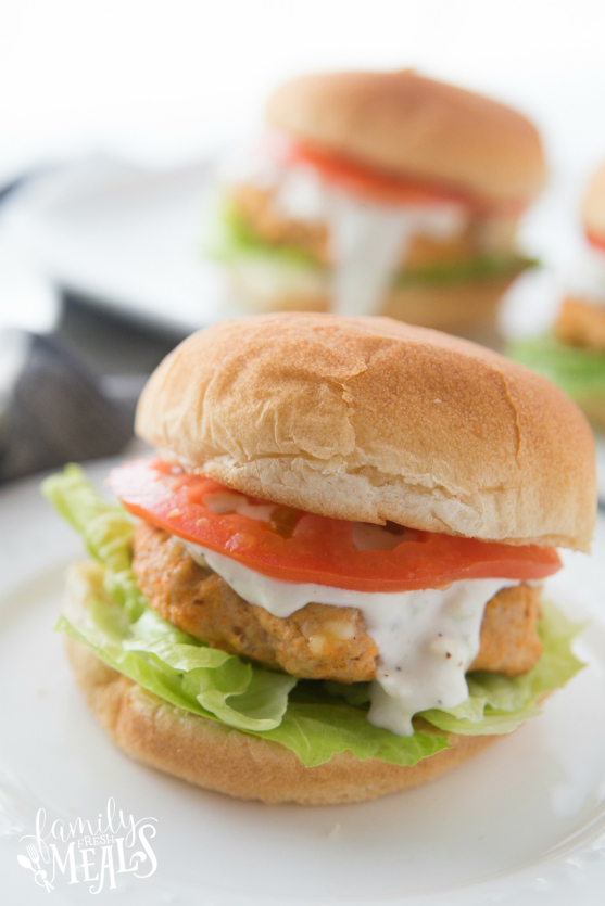 Buffalo Chicken Burgers { video} - Family Fresh Meals