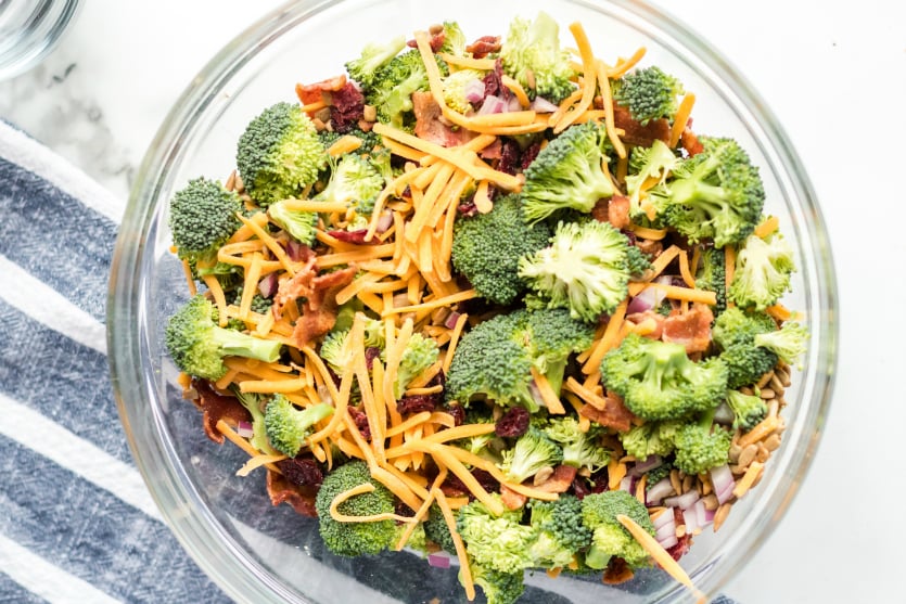 Creamy Broccoli Salad - all ingredients in a large mixing bowl