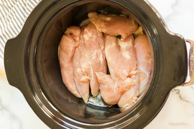 Crockpot Creamy Chicken and Rice - chicken in bottom of crockpot with seasoning sprinkled on top