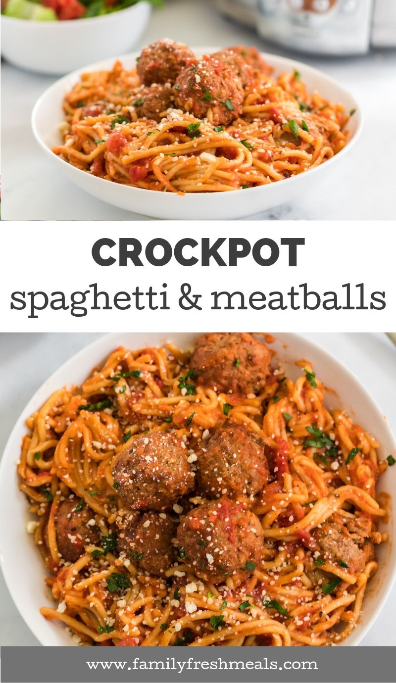 Crockpot Spaghetti and Meatballs #easyrecipe #familyfreshmeals #spaghetti #spaghettiandmeatballs #slowcooker #crockpot #meatballs #crockpotmeatballs #pasta #crockpotpasta via @familyfresh
