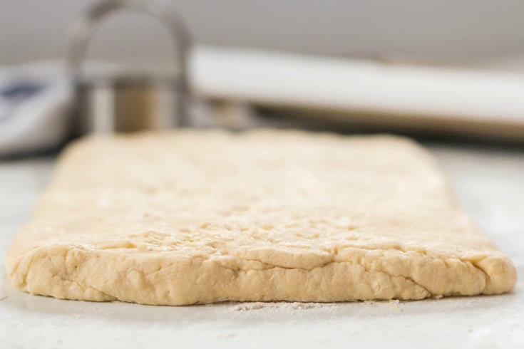 Easy Homemade Biscuits - layered dough rolled back out in to a thick rectangle