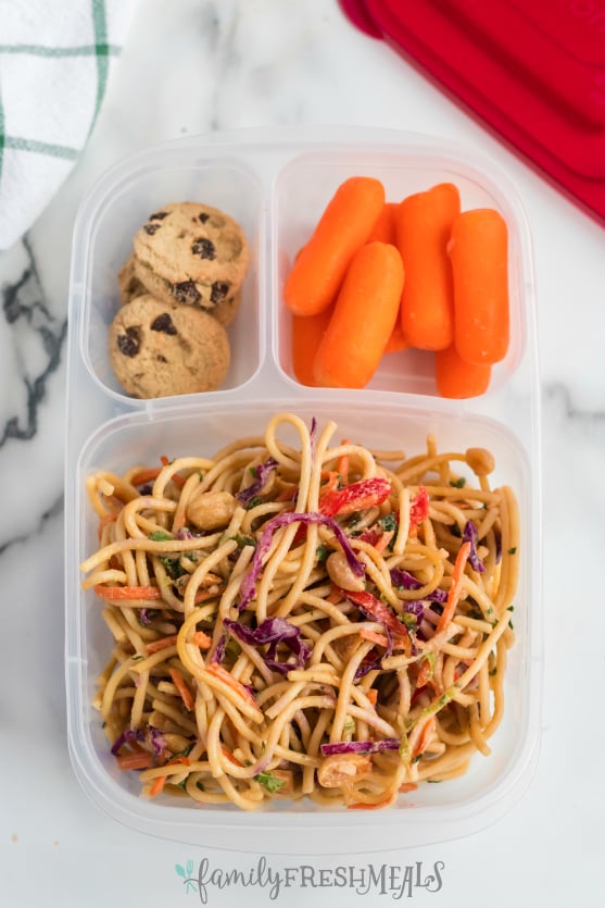 Thai Spaghetti Pasta Salad Packed for lunch with Easy Lunchboxes containers.